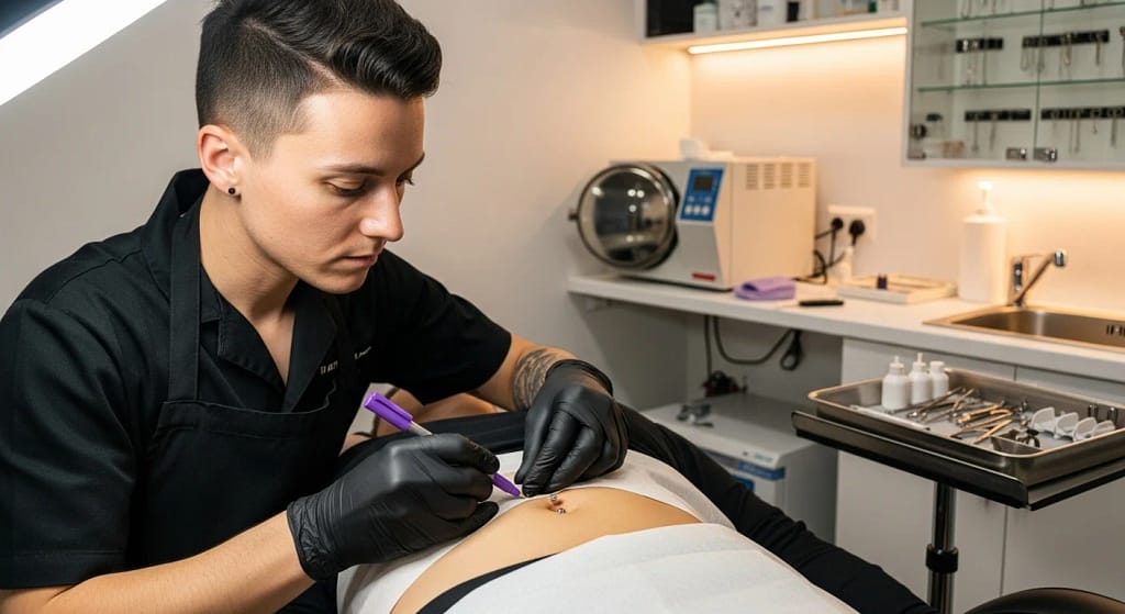 Piercer marking belly button before piercing procedure