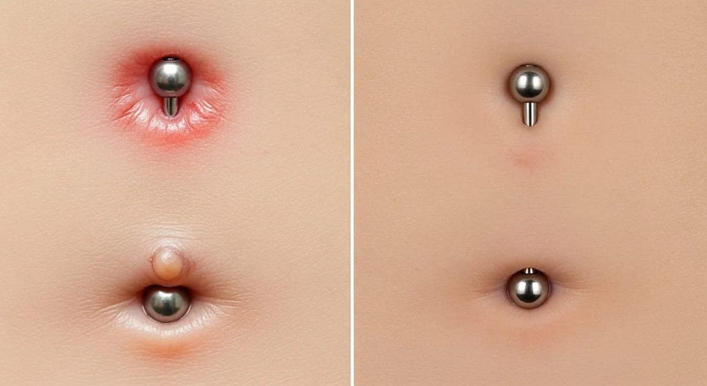 Keloid scar on belly button piercing compared with healthy healed piercing