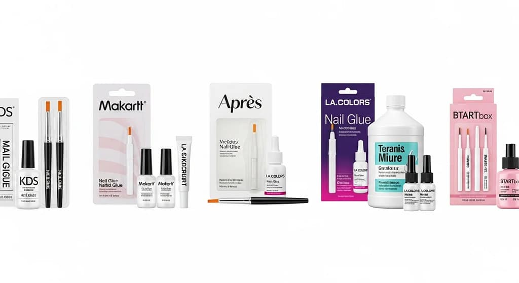 Collection of top nail glues in 2025 including KDS, Makartt, Apres, LA Colors, and Btartbox