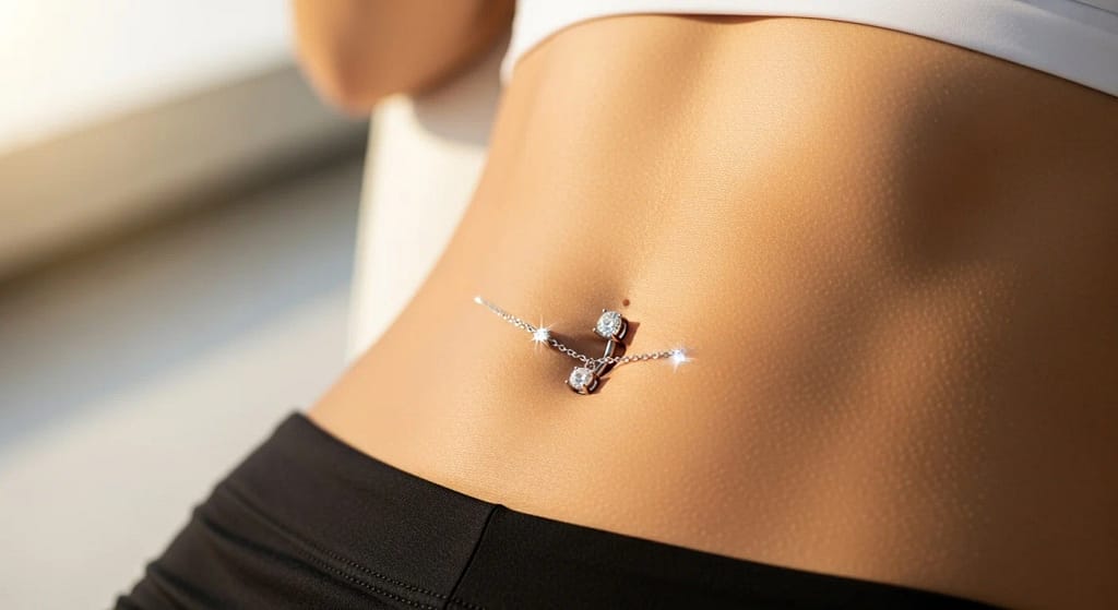 Floating belly button piercing jewelry on a navel with modern aesthetic look