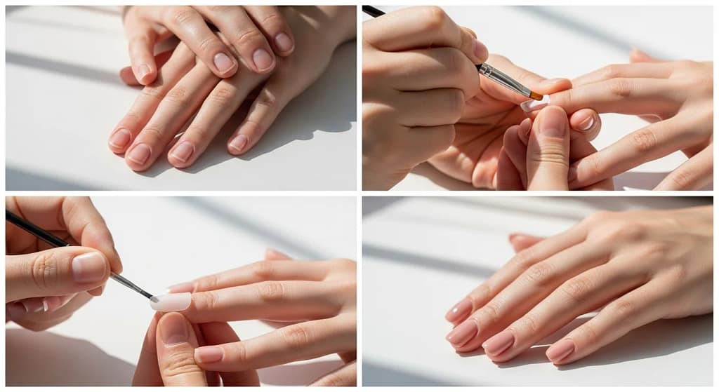 Step-by-step nail glue application on natural nails