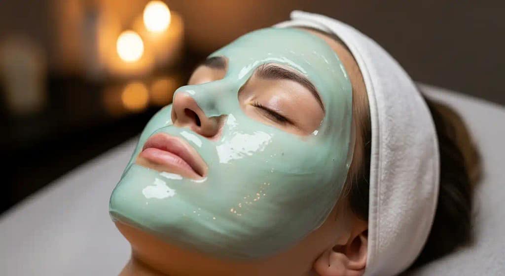 Woman receiving a hydro jelly mask facial at a spa
