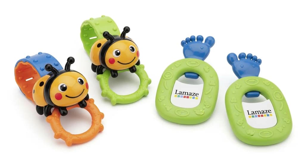 Lamaze Gardenbug toy set including two wrist rattles and two foot finders.