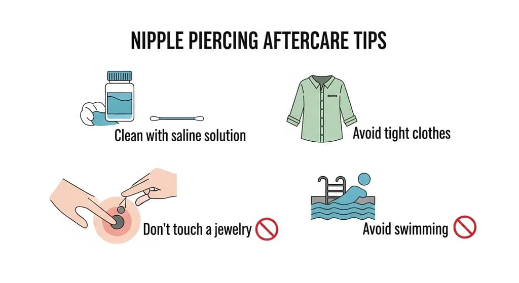 Infographic showing nipple piercing aftercare steps.