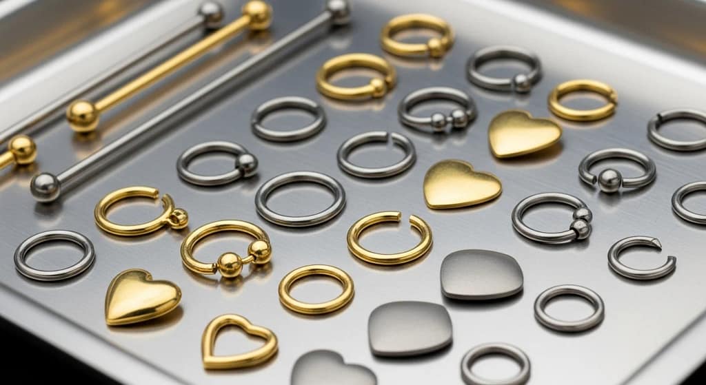 Different types of nipple piercing jewelry including barbells, rings, shields, and gold options on a studio tray.