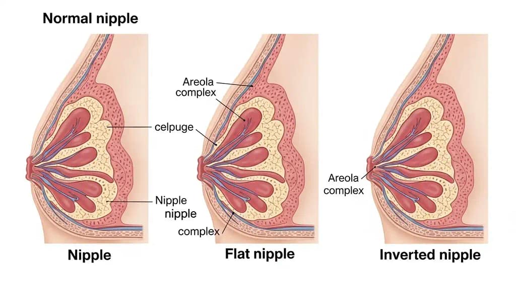 Diagram comparing normal, flat, and inverted nipples Piercing with labels.