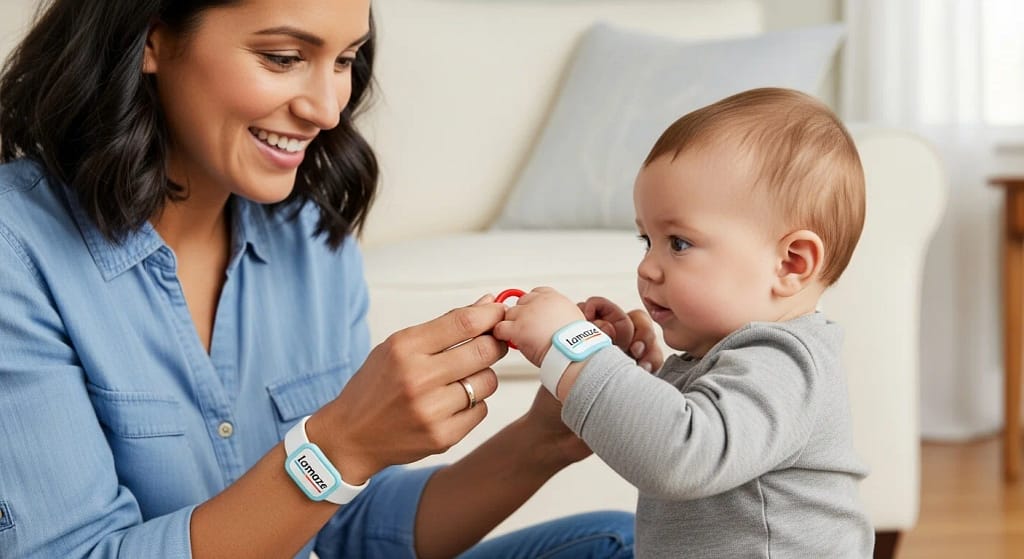 Mother bonding with baby using Lamaze wrist rattles during playtime.