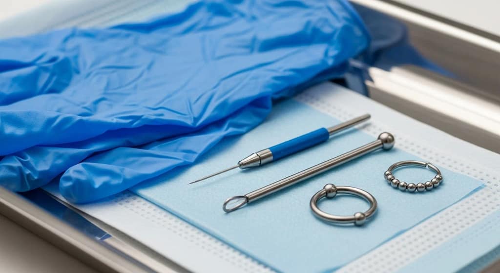 Medical setup for nipple piercing with jewelry and tools