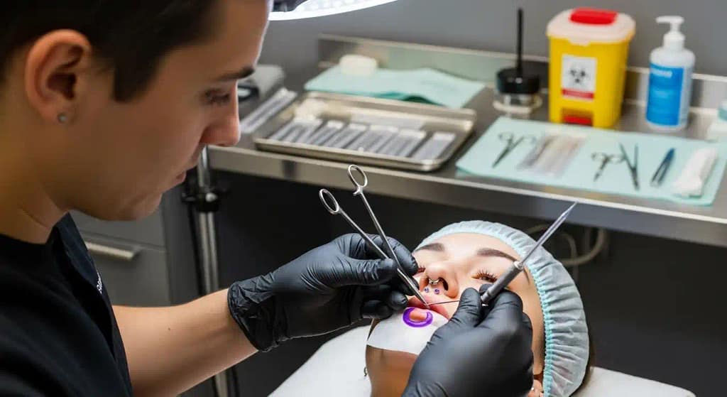 Piercer performing safe lip piercing with sterile tools