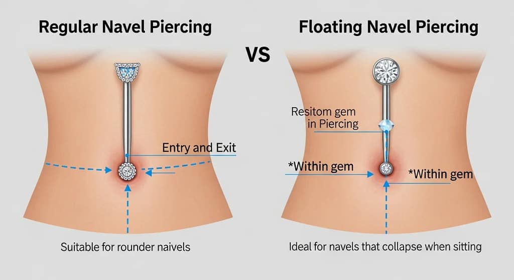 Comparison of floating belly button piercing and traditional belly button piercing placement
