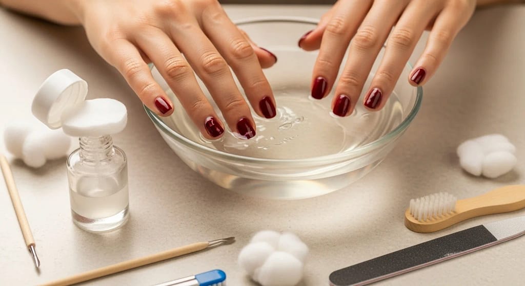 Soaking nails in warm water with acetone remover
