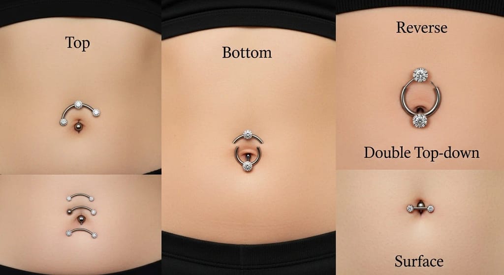 Different belly button piercing styles including top, bottom, reverse, surface and double