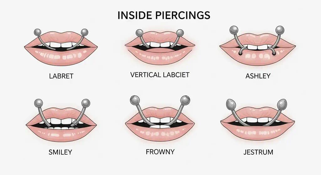 Diagram Types of inside lip piercing styles with labels