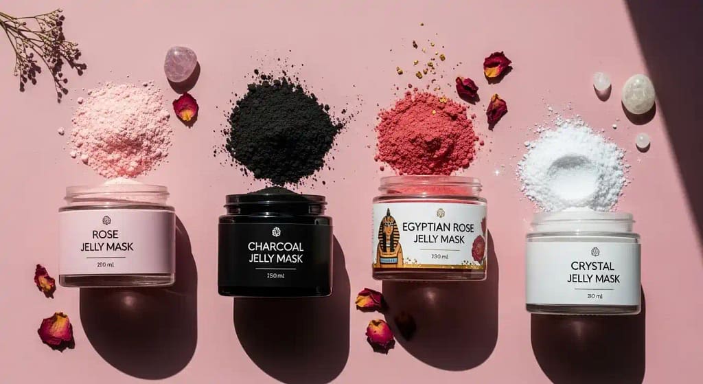 Various types of jelly masks including rose, charcoal, korea, egyptian and crystal jelly mask
