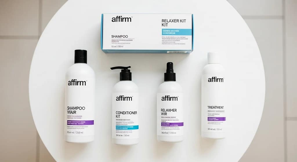 Affirm hair care products set for natural and relaxed hair on white background