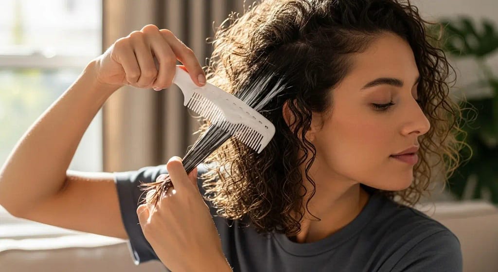 Woman applying Affirm 5 in 1 Reconstructor treatment at home