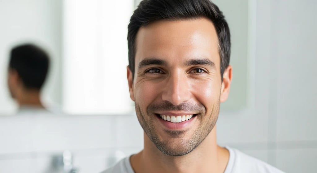 Happy man with clean skin after using menz face wash