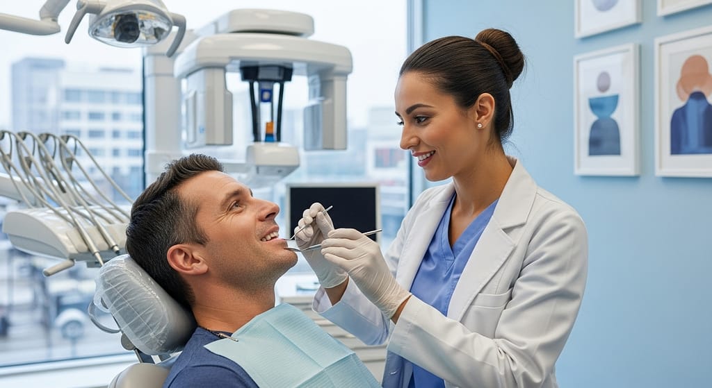 Dentist checking patient’s wisdom tooth pain in clinic