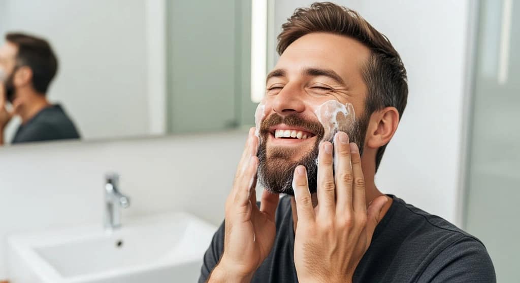 Bearded man using a men face and beard wash
