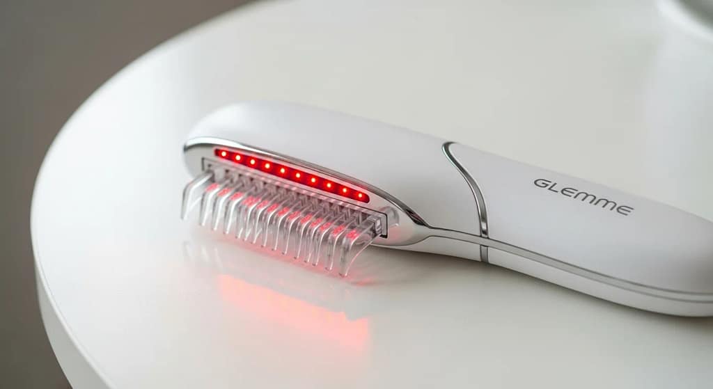 Close-up view of Glemme Laser Hair Growth Comb showing laser light feature
