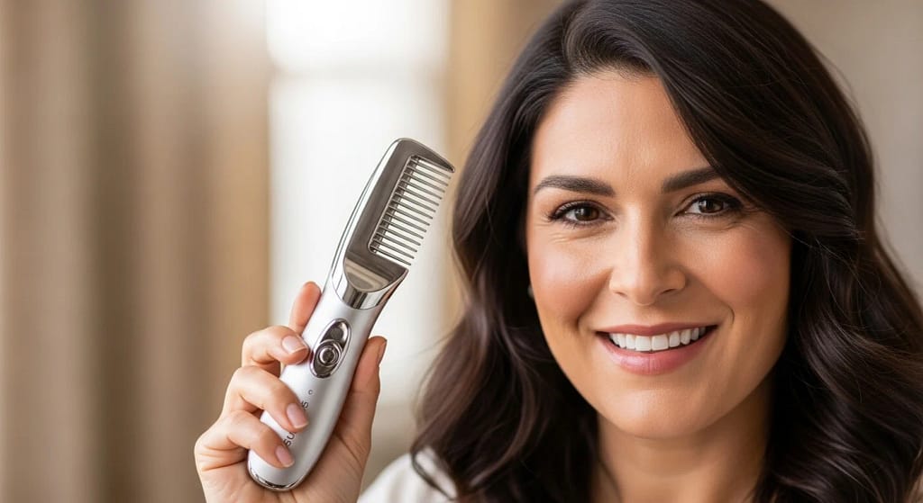 Happy user with healthy hair after using Glemme Laser Hair Growth Comb