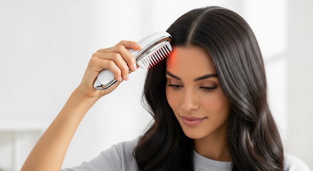 Woman using Glemme Laser Hair Growth Comb at home for hair regrowth