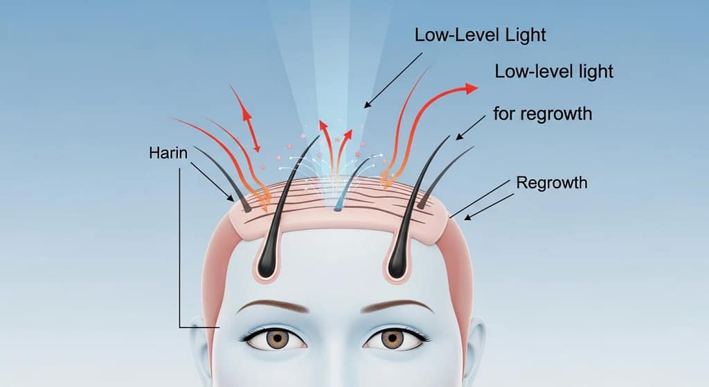 Illustration of laser light stimulating scalp follicles during hair regrowth treatment