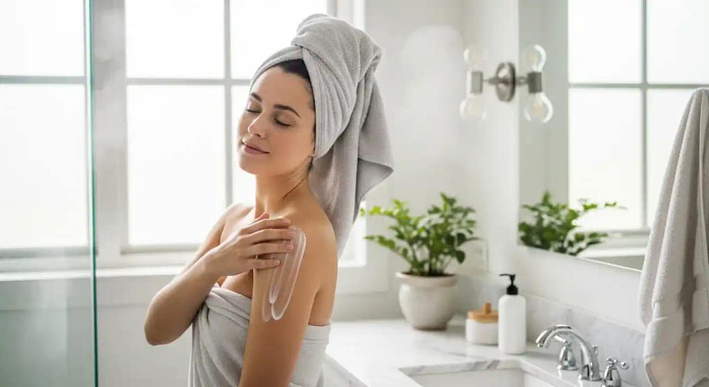 Woman applying Bioderma Photoderm After Sun Body Lotion after sun exposure