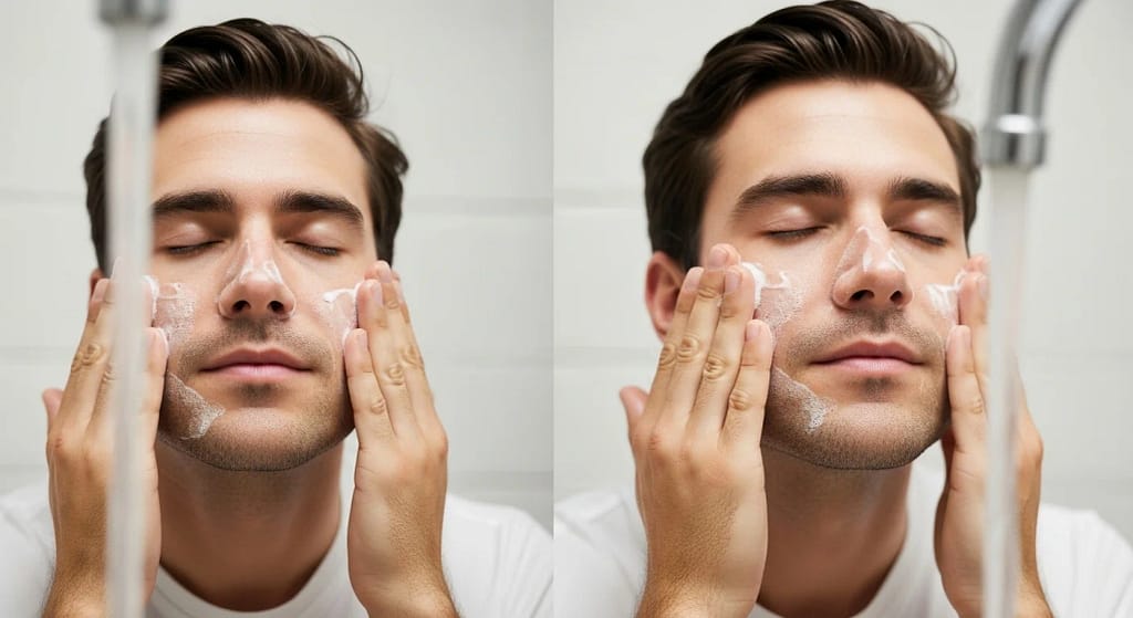 Man following step-by-step guide to use men’s face wash
