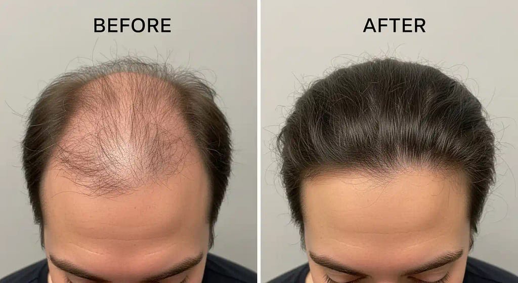 Before and after comparison showing improved hair growth using Glemme Laser Hair Growth Comb