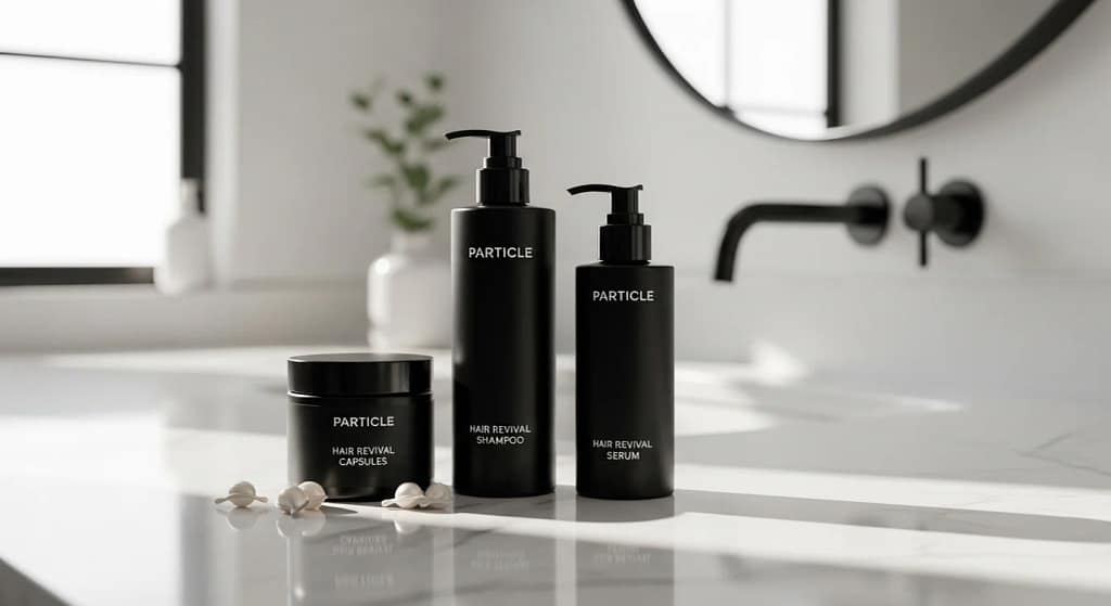 Particle Hair Revival Kit Review Bourbon and Boots with shampoo, serum, and capsules for men’s hair growth