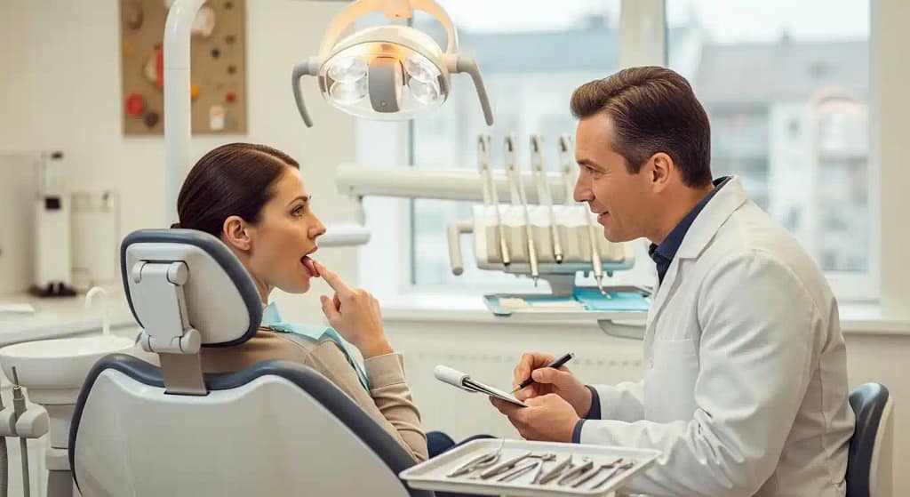 Adult patient discussing tongue tie surgery options with a dental specialist.