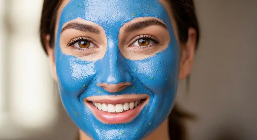 Woman with glowing skin after applying Moroccan Nila powder mask.