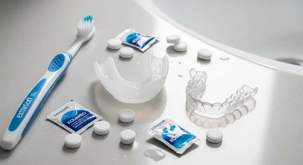 Soft silicone mouth guard, cleaning tablets, and soft toothbrush for post-surgery care.