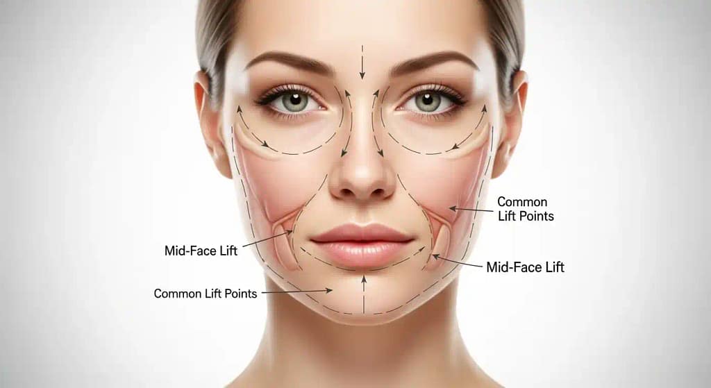 medical illustration showing cheek lift area in the mid face