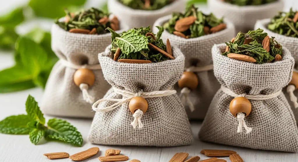 Essential oil pouches that repel mice using peppermint and cedarwood.