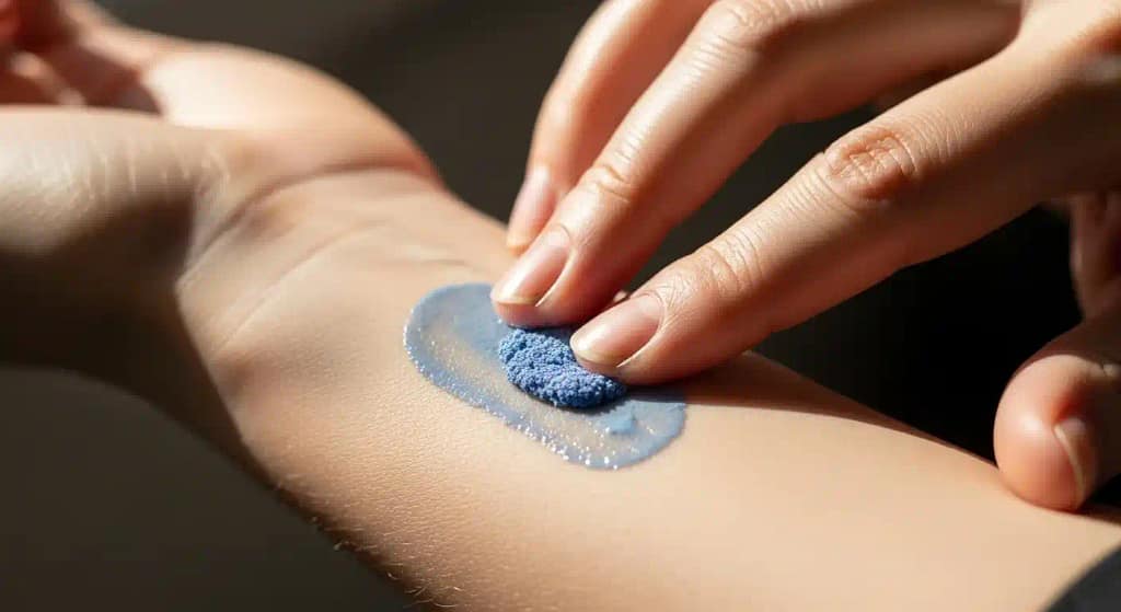 Patch test of Moroccan Nila powder on the wrist to avoid irritation.