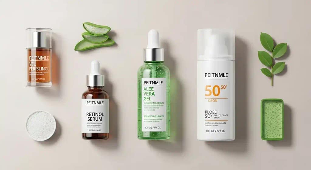 flat lay of retinol serum aloe gel and sunscreen