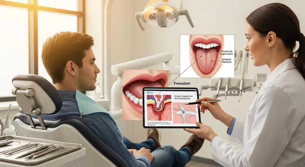 Illustration showing tight frenulum under the tongue during tongue tie diagnosis.