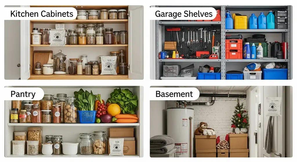 Mouse repellent pouches placed in kitchen cabinets, pantry and garage storage areas.