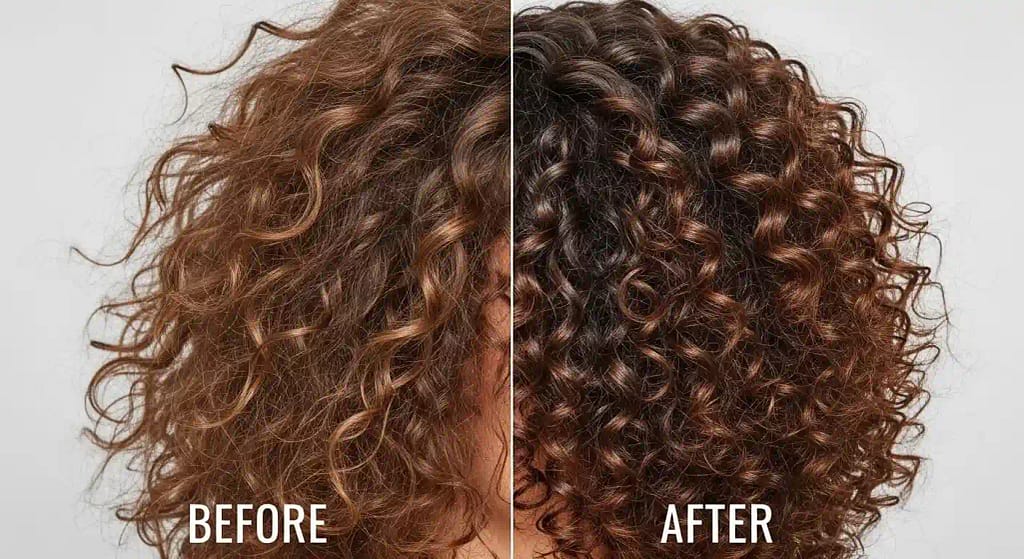before and after using mousse for curly hair frizz control