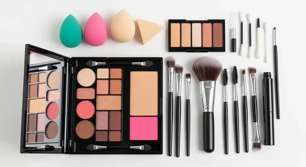 Various makeup palette tools including brushes, sponges, and applicators on white background