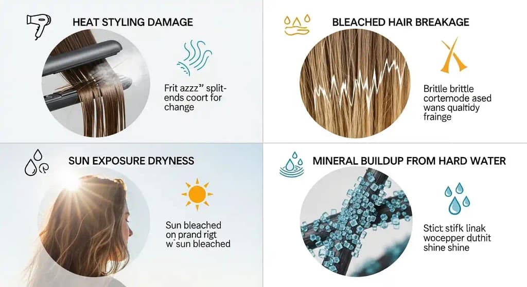 causes of dry and damaged hair heat styling bleaching sun pollution