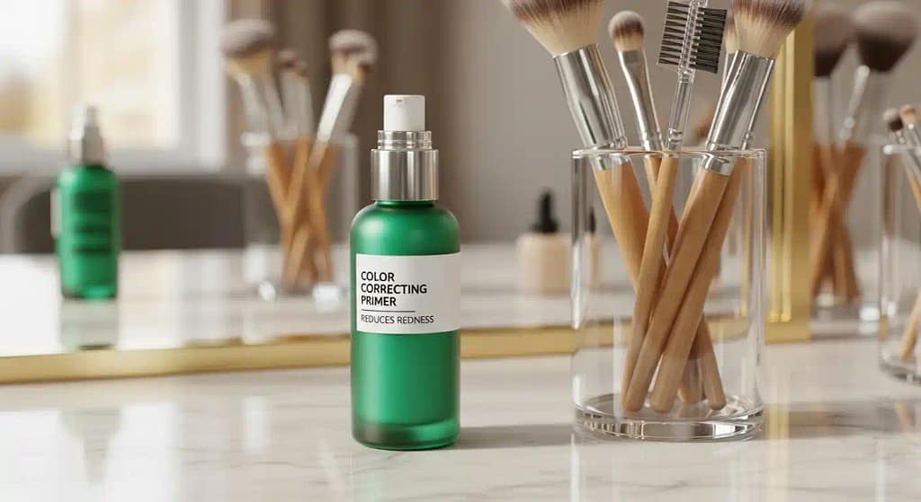 A redness-reducing primer next to makeup brushes, ideal for rosacea prone skin.