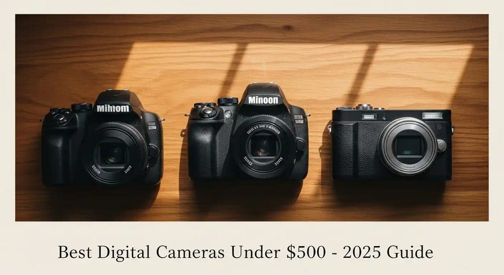 Flat lay of three digital cameras under $500 including DSLR, mirrorless and compact – best digital camera under $500 (2025 guide