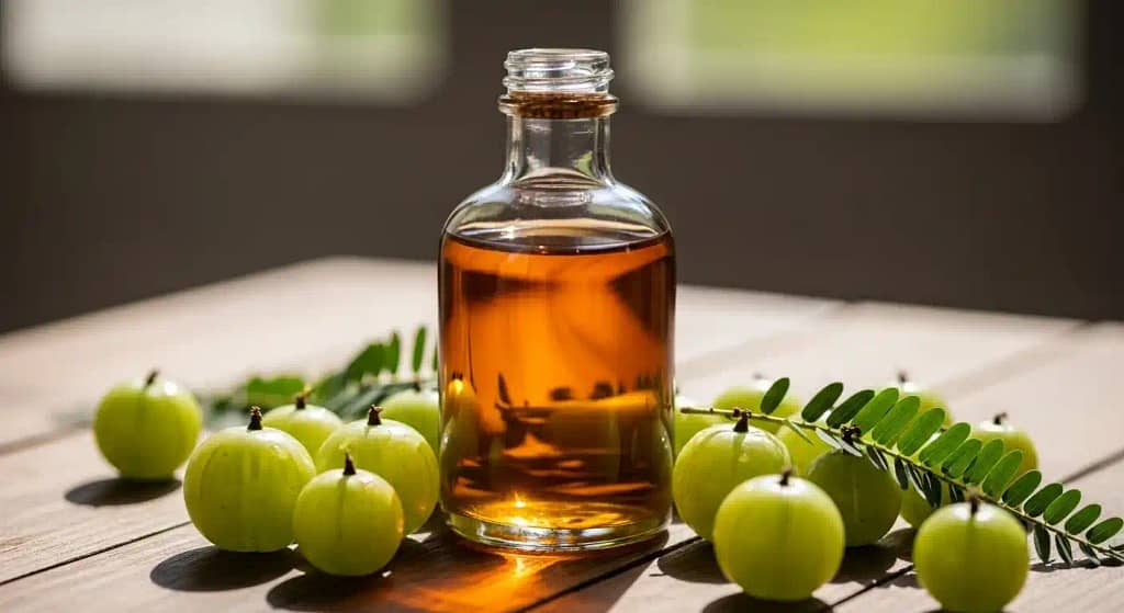 Close-up of a bottle of amla oil with fresh gooseberries beside it