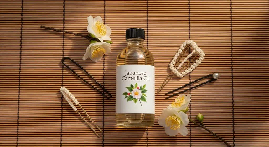 Japanese Camellia Oil bottle with Tsubaki flowers and hair accessories