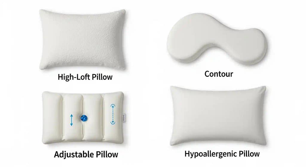 Top view of different types of memory foam pillows with labels: high loft, contour, adjustable, hypoallergenic