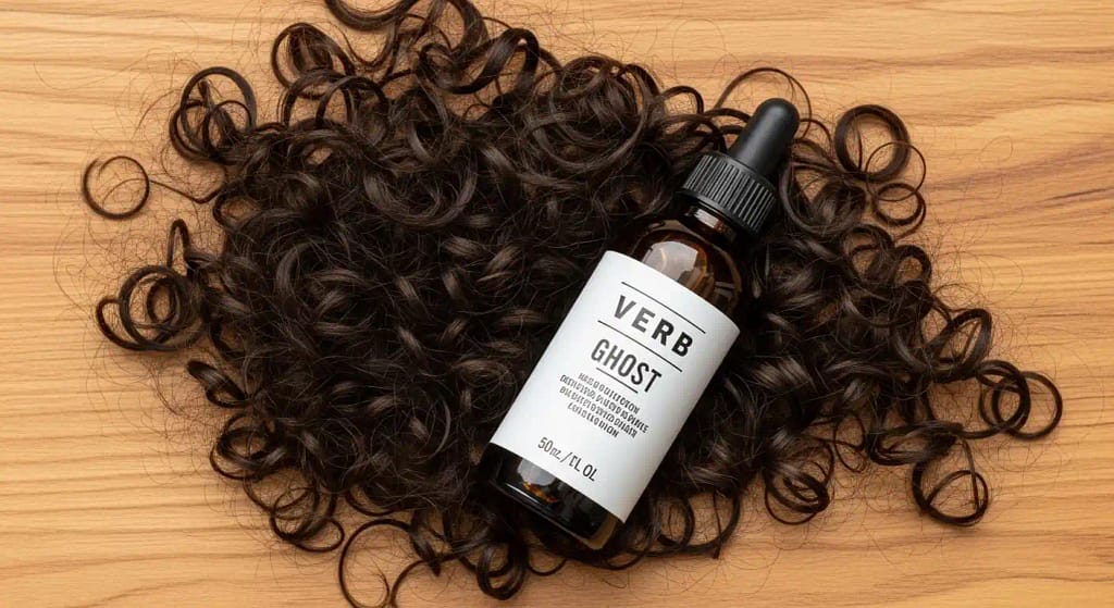 Verb Ghost Oil bottle beside curly fine hair strands