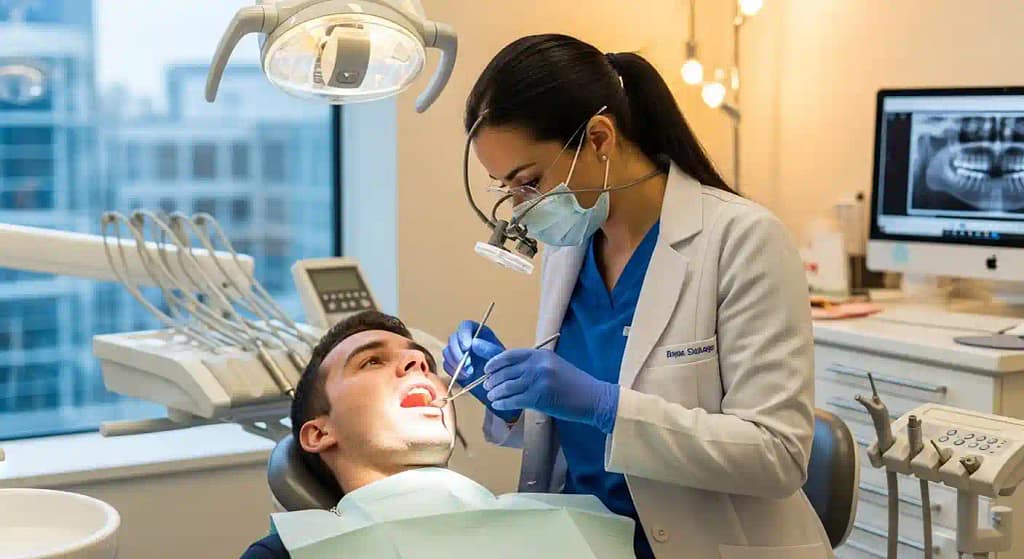 Dentist checking patient’s gums with dental tools during an oral examination